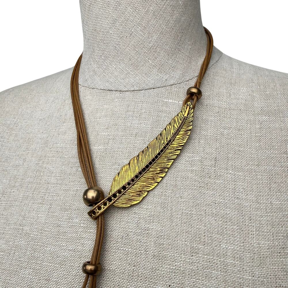 Gold Tone Leaf Skull Pendant Necklace Brown Cord Adjustable 20–22" Whimsigoth